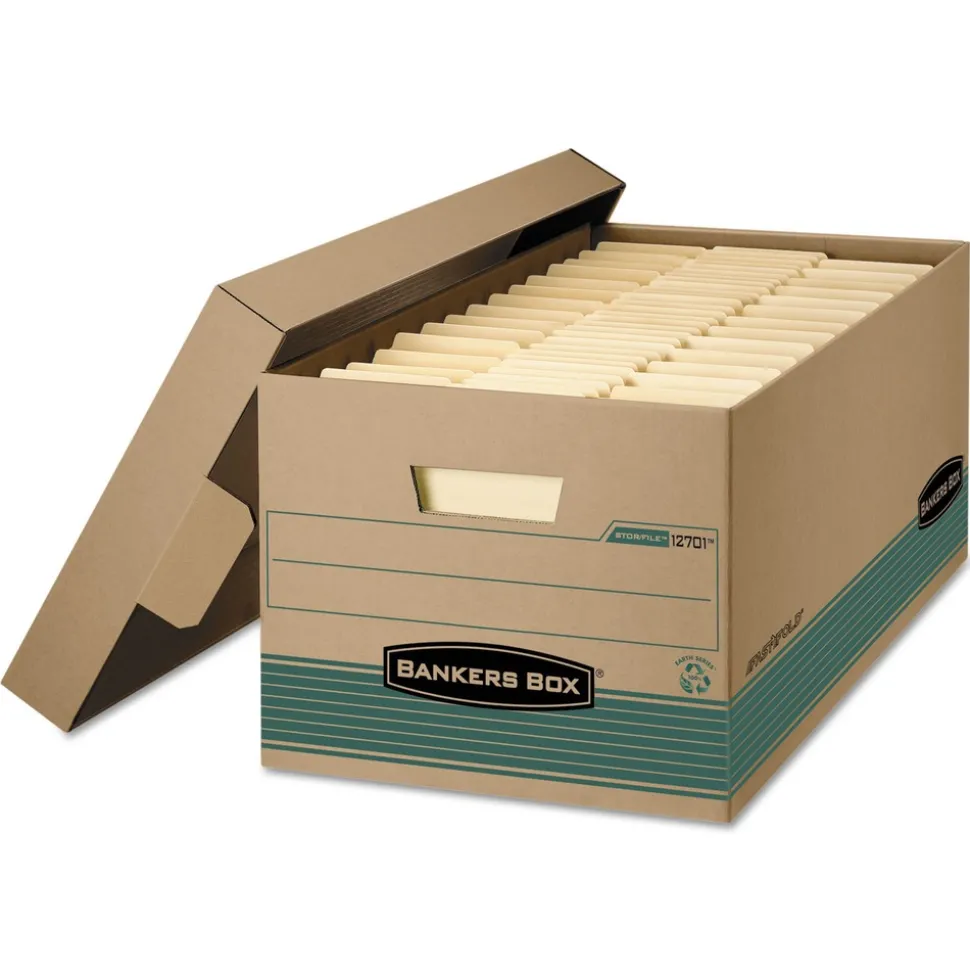 Bankers Box STOR/FILE 15.88 in. x 25.38 in. x 10.25 in. Medium-Duty 100 Percent Recycled Legal Storage Boxes - Kraft/Green (12/Carton)