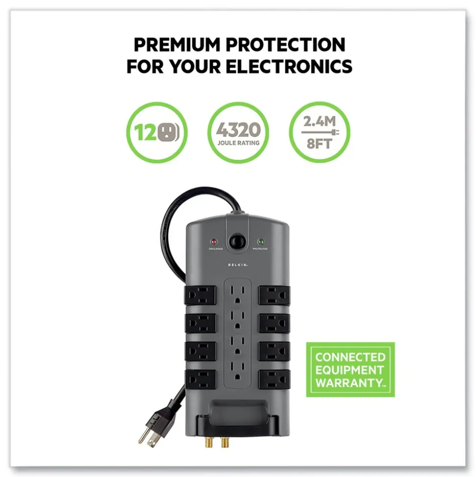 Belkin 4320 J 12 AC Outlets 8 ft. Cord Pivot Plug Surge Protector - Gray
