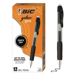 BIC Medium 0.7 mm Gel-ocity Pro Quick Dry Retractable Gel Pen - Black Ink, Black/Clear Barrel (12/Pack)