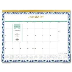 Blue Sky 22 in. x 17 in. 12-Month (Jan to Dec): 2026 Tile Monthly Desk Pad Calendar - Geometric Artwork, White/Blue/Green Sheets