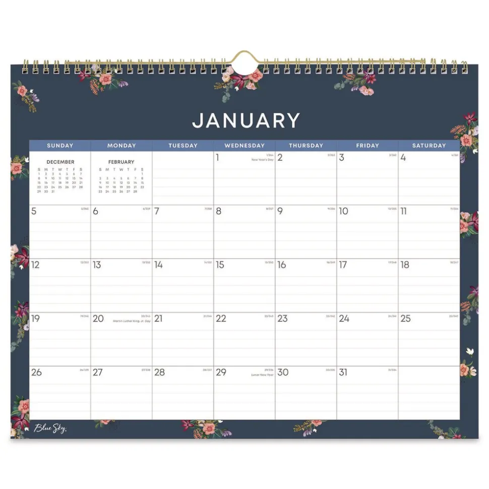Blue Sky 15 in. x 12 in. 12-Month (Jan to Dec): 2026 Ashlyn Monthly Wall Calendar - Floral Artwork, White/Blue/Pink Sheets