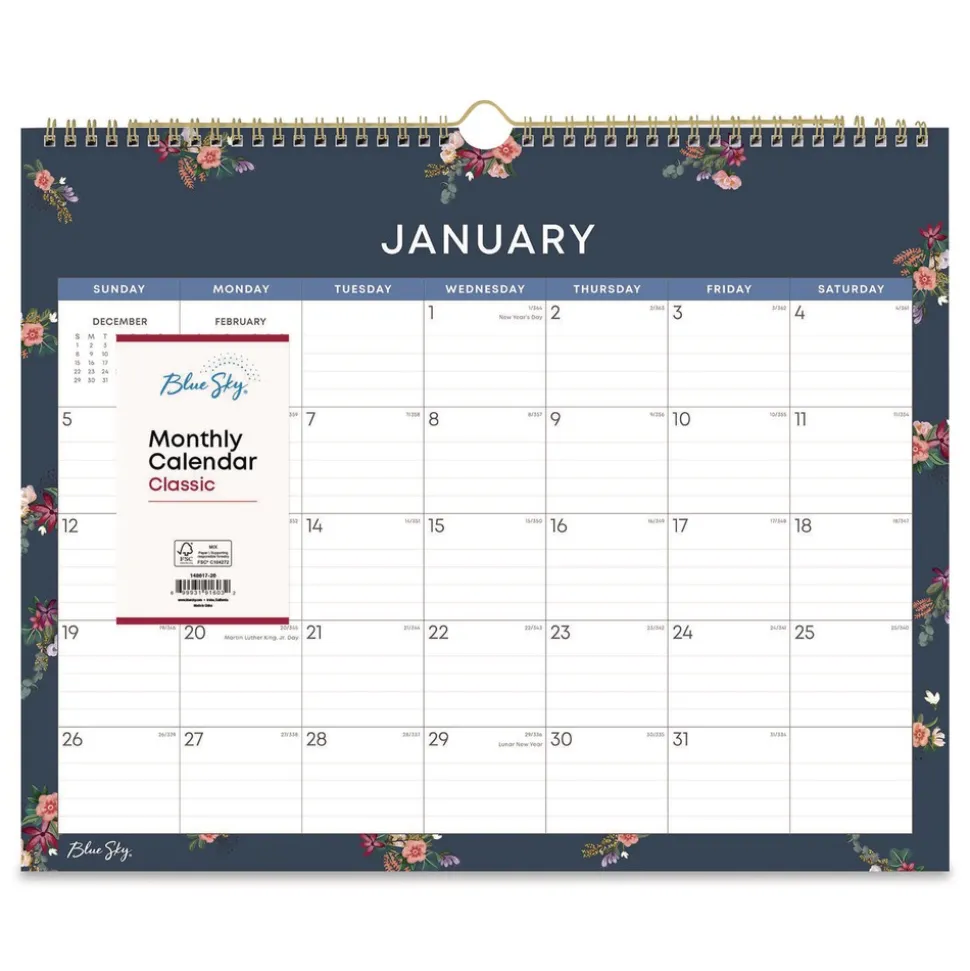 Blue Sky 15 in. x 12 in. 12-Month (Jan to Dec): 2026 Ashlyn Monthly Wall Calendar - Floral Artwork, White/Blue/Pink Sheets