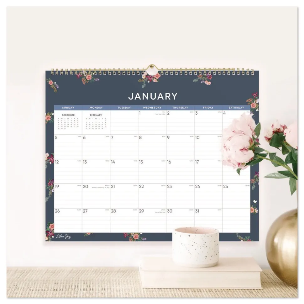 Blue Sky 15 in. x 12 in. 12-Month (Jan to Dec): 2026 Ashlyn Monthly Wall Calendar - Floral Artwork, White/Blue/Pink Sheets