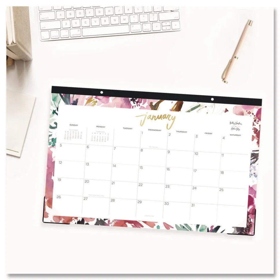 Blue Sky 17 in. x 11 in. 12-Month (Jan to Dec): 2026 Kelly Ventura Magenta Bloom Desk Pad Calendar - Floral Artwork, White/Multicolor Sheets