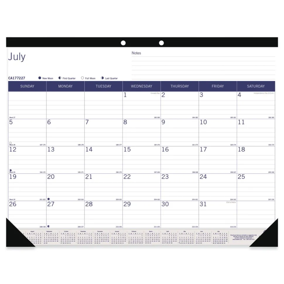 Blueline 22 in. x 17 in. 13-Month (Jul 2025-2026) DuraGlobe Academic Desk Pad Calendar - White/Blue/Gray Sheets/Black Headband
