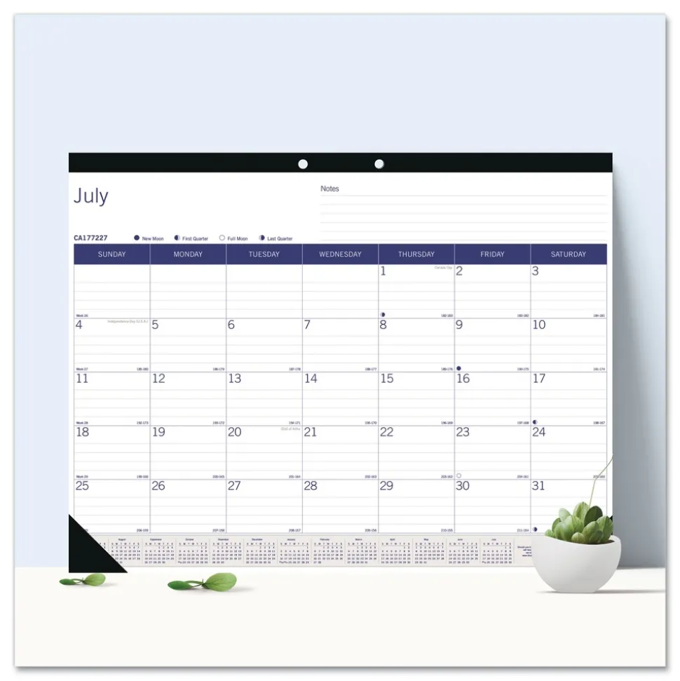 Blueline 22 in. x 17 in. 13-Month (Jul 2025-2026) DuraGlobe Academic Desk Pad Calendar - White/Blue/Gray Sheets/Black Headband