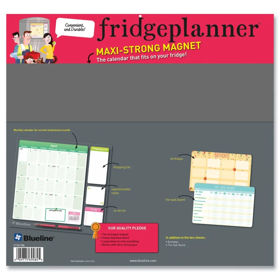 Blueline 17-Month: Aug 2025 to Dec 2026 14 in. x 13.5 in. Fridge Planner Magnetized Monthly Calendar with Pads and Pencil - Yellow/Green Sheets