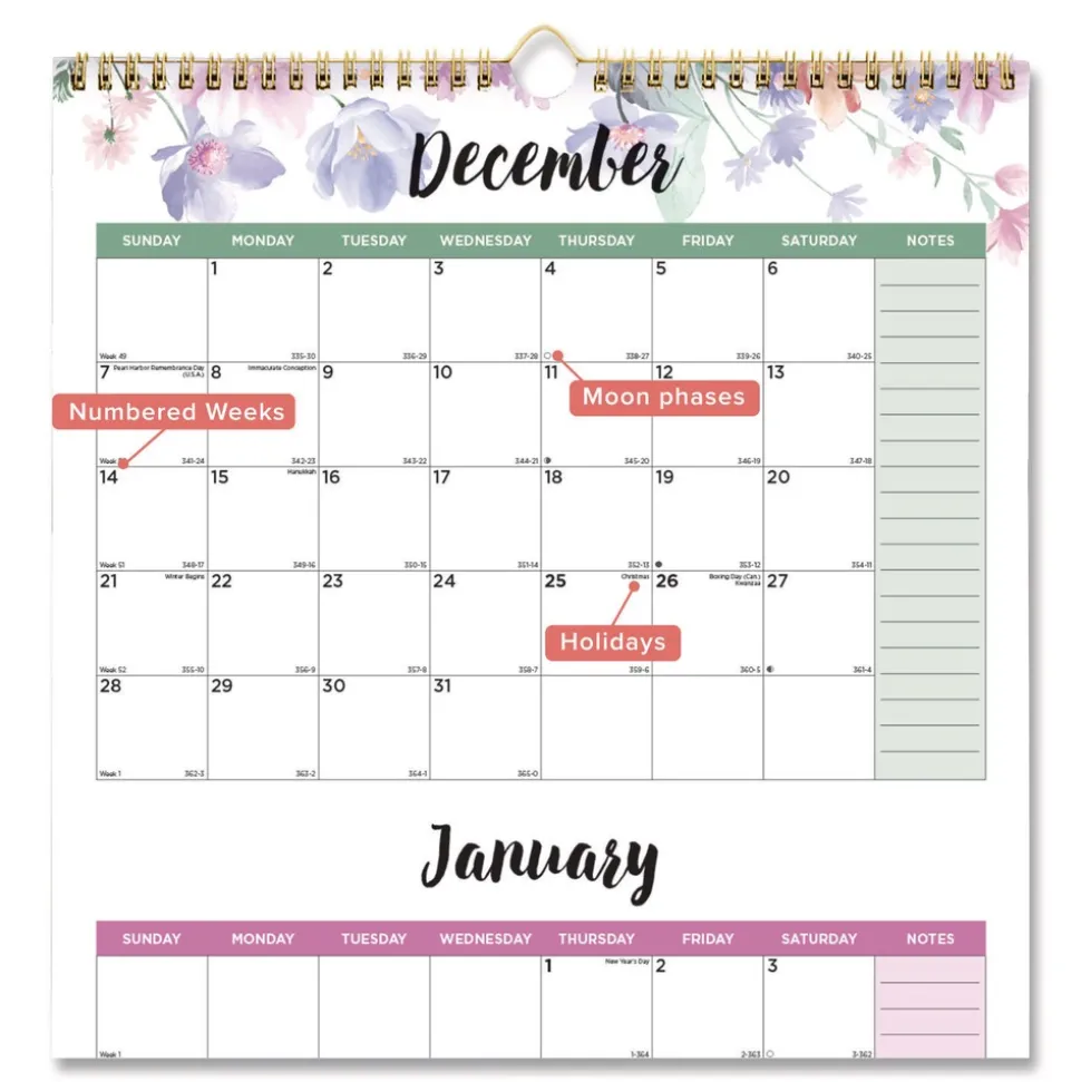 Blueline 14-Month: Dec 2025 to Jan 2027 12.2 in. x 27 in. Passion Floral Artwork 3-Month Quarterly Wall Calendar - White/Multicolor Sheets