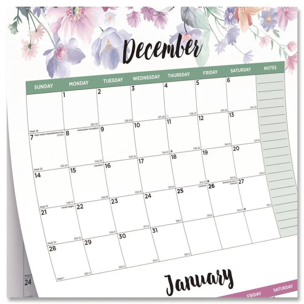 Blueline 14-Month: Dec 2025 to Jan 2027 12.2 in. x 27 in. Passion Floral Artwork 3-Month Quarterly Wall Calendar - White/Multicolor Sheets