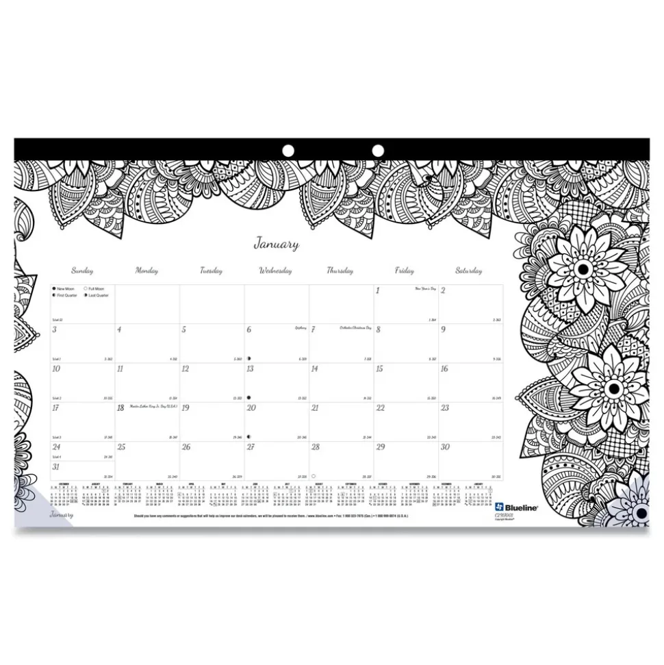 Blueline 12-Month (Jan to Dec): 2026 17.75 in. x 10.88 in. Monthly Coloring Artwork Desk Pad Calendar - Black Binding/Clear Corners
