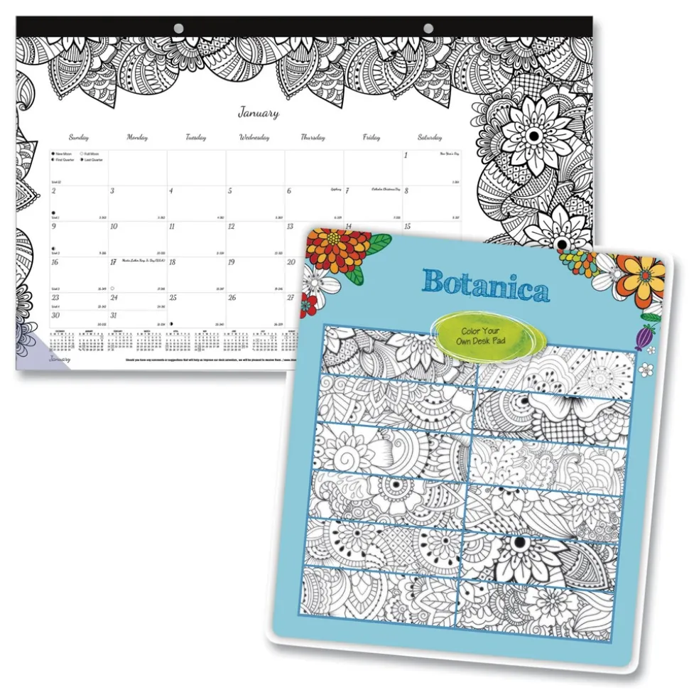 Blueline 12-Month (Jan to Dec): 2026 17.75 in. x 10.88 in. Monthly Coloring Artwork Desk Pad Calendar - Black Binding/Clear Corners