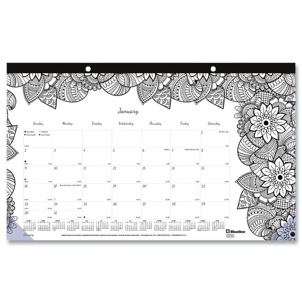 Blueline 12-Month (Jan to Dec): 2026 17.75 in. x 10.88 in. Monthly Coloring Artwork Desk Pad Calendar - Black Binding/Clear Corners