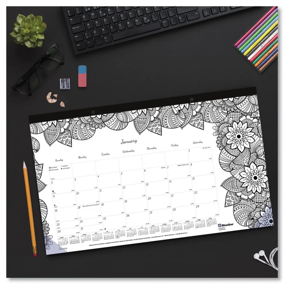 Blueline 12-Month (Jan to Dec): 2026 17.75 in. x 10.88 in. Monthly Coloring Artwork Desk Pad Calendar - Black Binding/Clear Corners