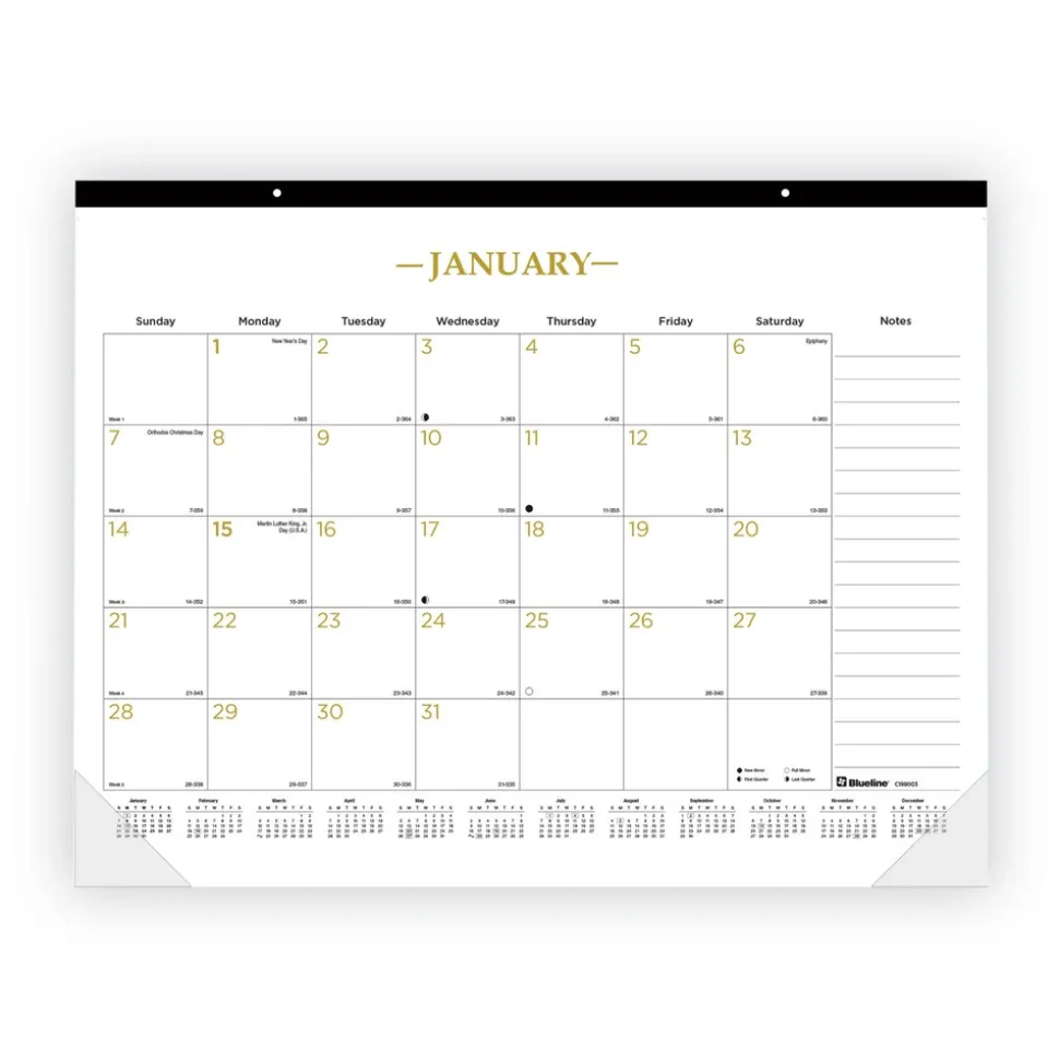 Blueline 12-Month (Jan to Dec): 2026 22 in. x 17 in. Gold Collection Monthly Desk Pad Calendar - White/Gold Sheets, Black Headband