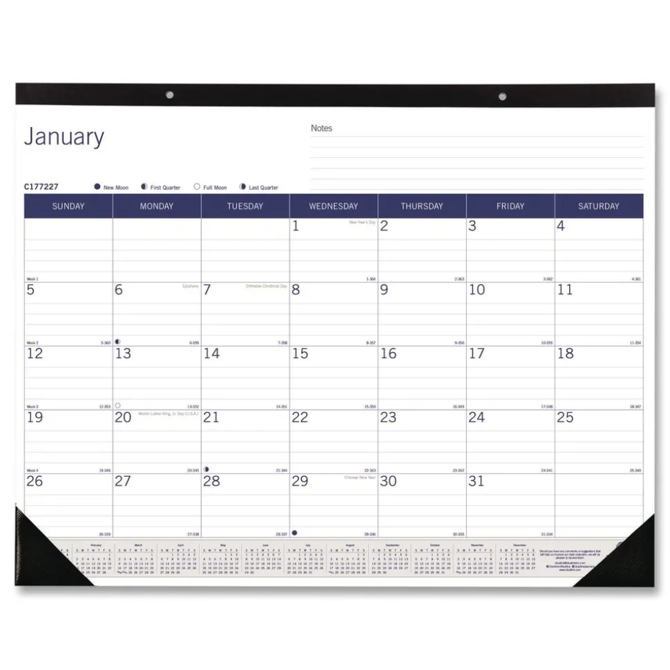 Blueline 12-Month (Jan to Dec): 2026 22 in. x 17 in. DuraGlobe Monthly Desk Pad Calendar - White/Blue/Gray Sheets, Black Binding/Corners