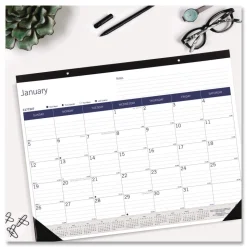 Blueline 12-Month (Jan to Dec): 2026 22 in. x 17 in. DuraGlobe Monthly Desk Pad Calendar - White/Blue/Gray Sheets, Black Binding/Corners
