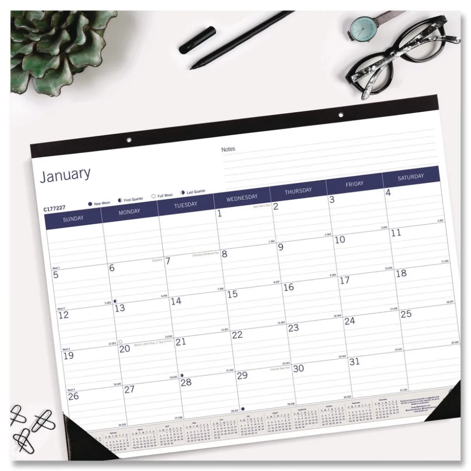 Blueline 12-Month (Jan to Dec): 2026 22 in. x 17 in. DuraGlobe Monthly Desk Pad Calendar - White/Blue/Gray Sheets, Black Binding/Corners