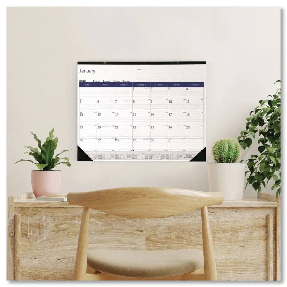 Blueline 12-Month (Jan to Dec): 2026 22 in. x 17 in. DuraGlobe Monthly Desk Pad Calendar - White/Blue/Gray Sheets, Black Binding/Corners