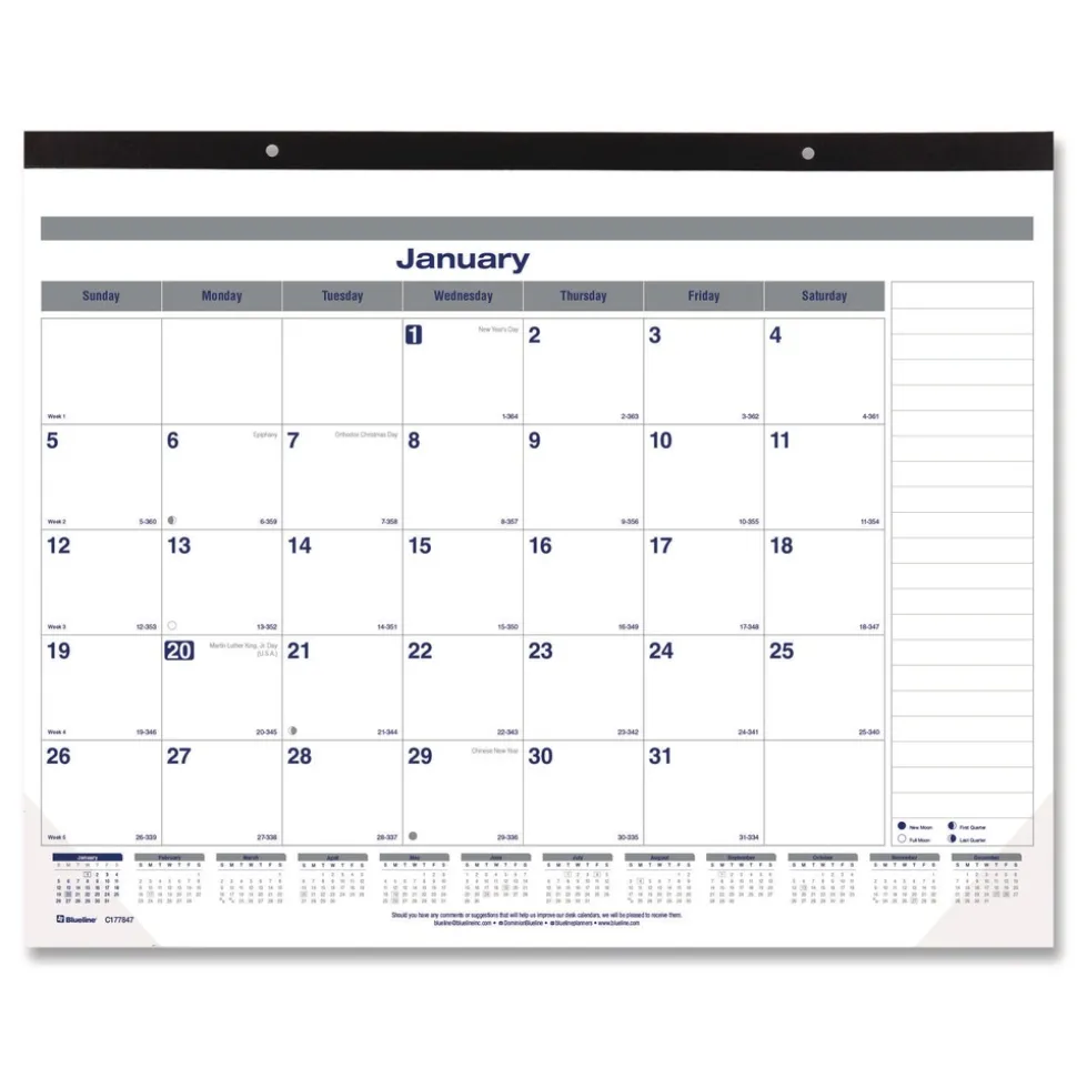 Blueline 12-Month (Jan to Dec): 2026 22 in. x 17 in. Net Zero Carbon Monthly Desk Pad Calendar - White/Gray/Blue Sheets, Black Binding