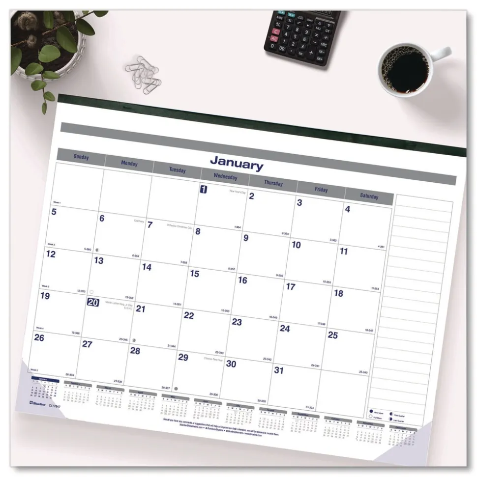 Blueline 12-Month (Jan to Dec): 2026 22 in. x 17 in. Net Zero Carbon Monthly Desk Pad Calendar - White/Gray/Blue Sheets, Black Binding