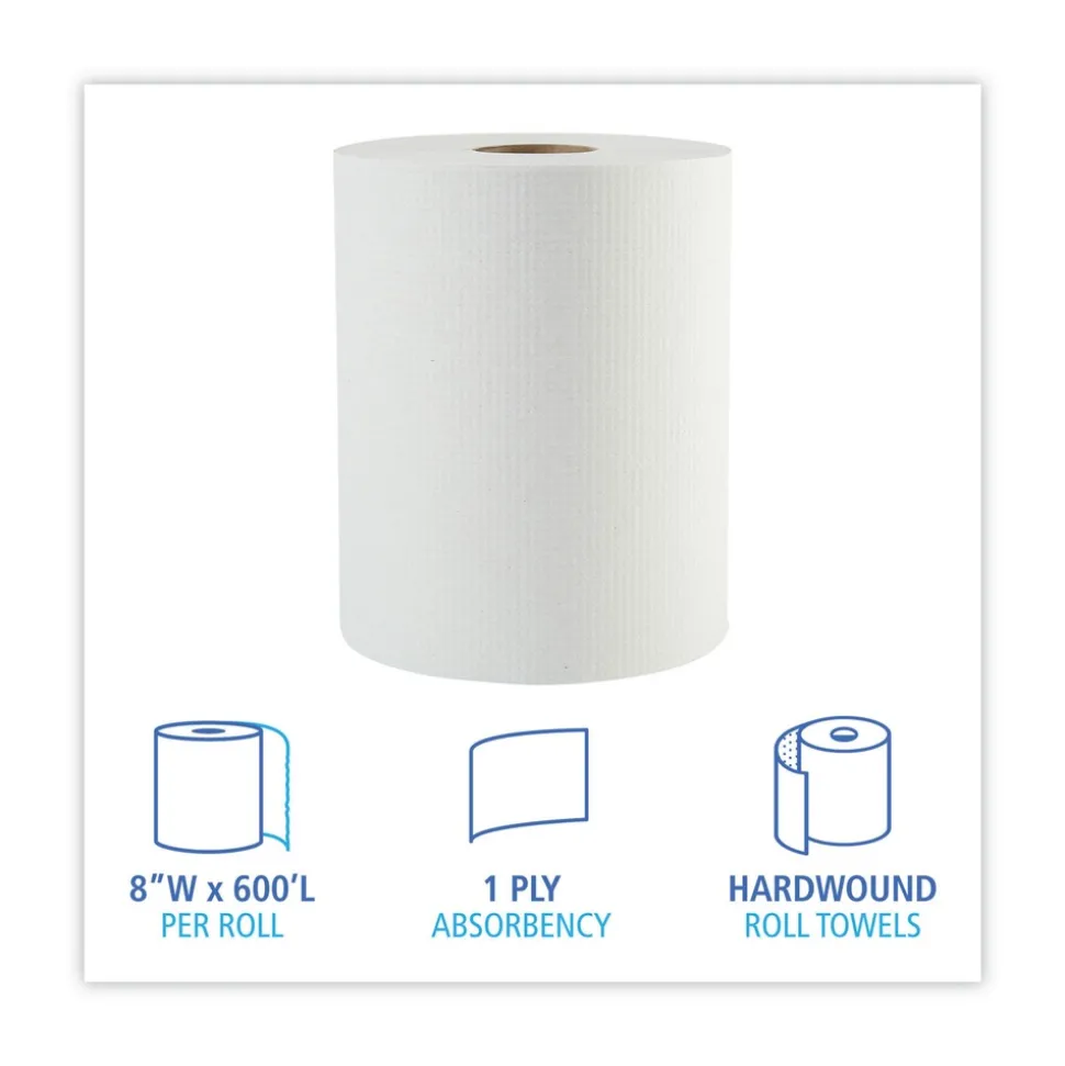 Boardwalk 8123 2 in. Core 1-Ply 8 in. x 600 ft. Hardwound Paper Towels - White (12/Carton)