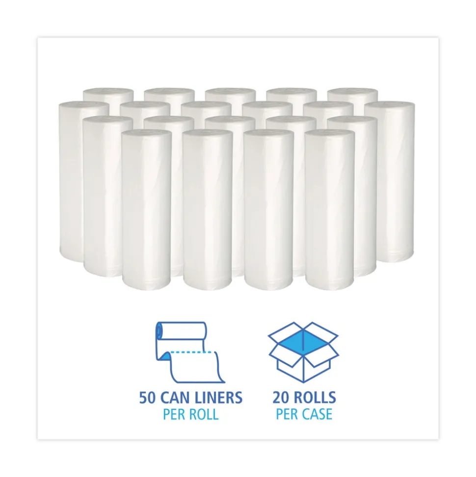 Boardwalk 16 Gallon 6 mic 24 in. x 33 in. Perforated Roll High-Density Can Liners - Natural (50 Bags/Roll, 20 Rolls/Carton)