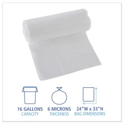 Boardwalk 16 Gallon 6 mic 24 in. x 33 in. Perforated Roll High-Density Can Liners - Natural (50 Bags/Roll, 20 Rolls/Carton)