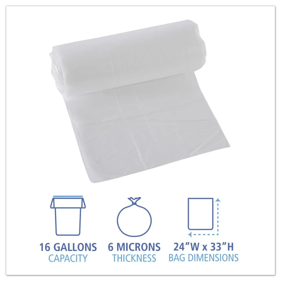 Boardwalk 16 Gallon 6 mic 24 in. x 33 in. Perforated Roll High-Density Can Liners - Natural (50 Bags/Roll, 20 Rolls/Carton)