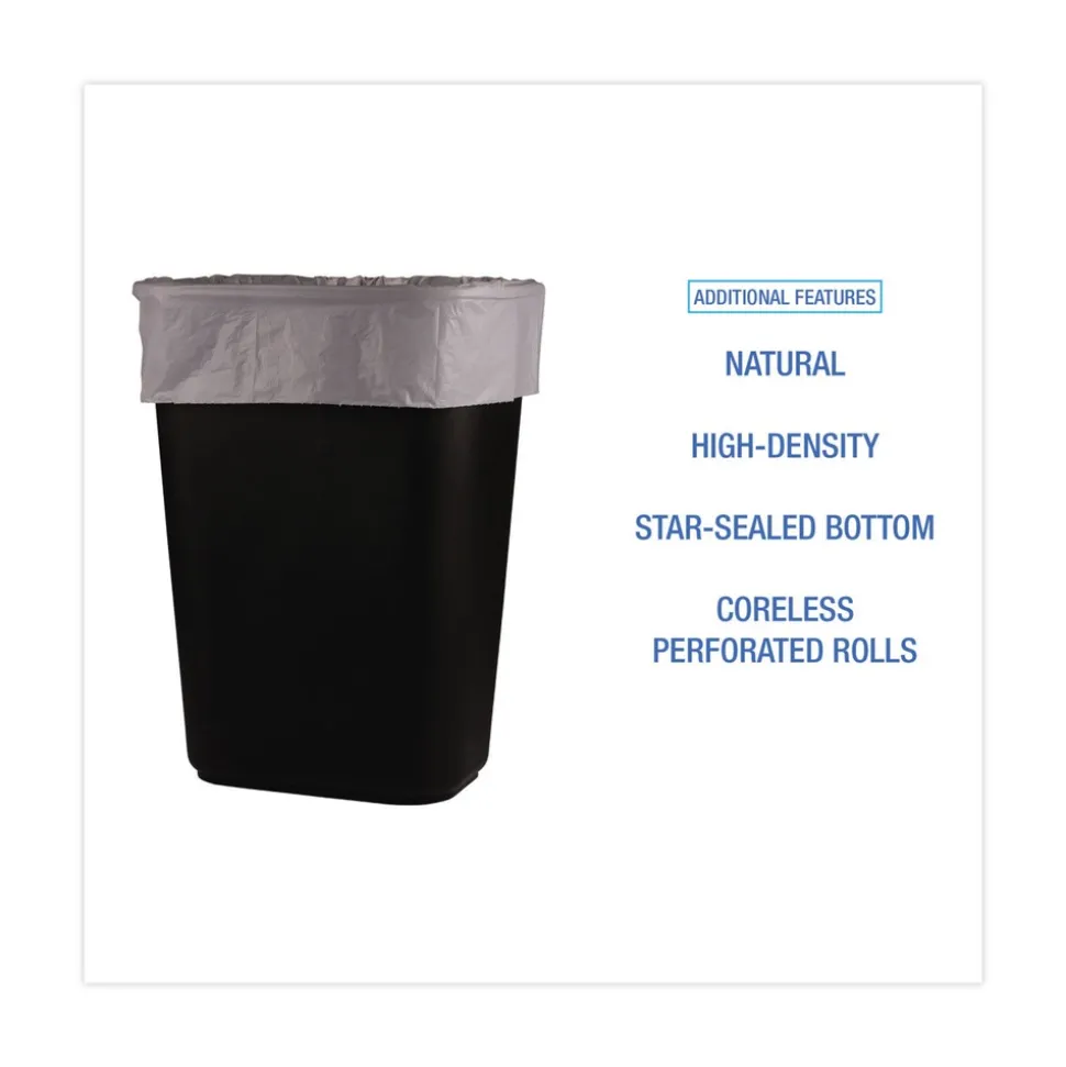 Boardwalk 16 Gallon 6 mic 24 in. x 33 in. Perforated Roll High-Density Can Liners - Natural (50 Bags/Roll, 20 Rolls/Carton)
