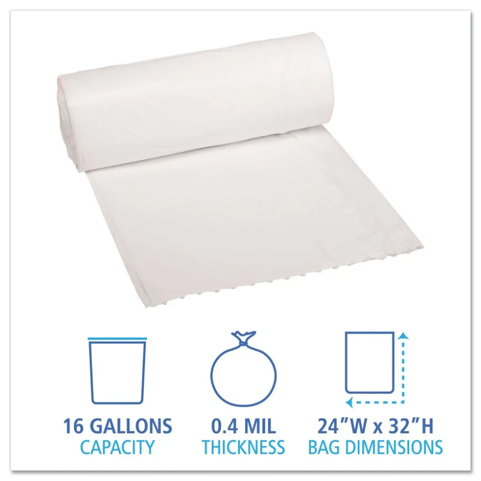 Boardwalk 16 Gallon 0.4 mil 24 in. x 32 in. Perforated Roll Low-Density Waste Can Liners - White (25 Bags/Roll, 20 Rolls/Carton)