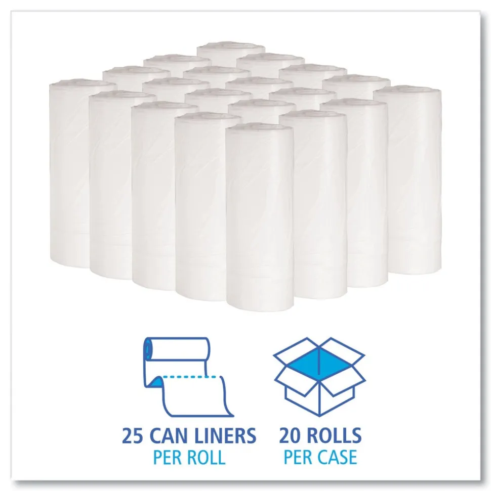 Boardwalk 16 Gallon 0.4 mil 24 in. x 32 in. Perforated Roll Low-Density Waste Can Liners - White (25 Bags/Roll, 20 Rolls/Carton)
