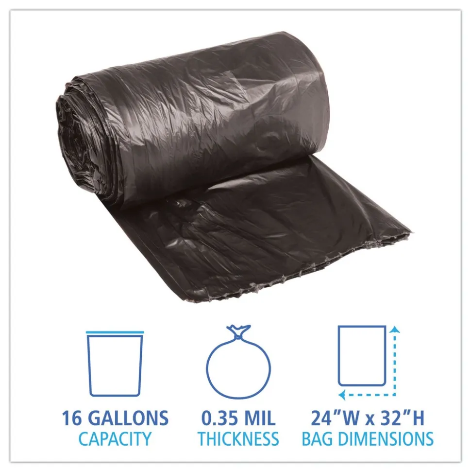 Boardwalk 16 Gallon 0.35 mil 24 in. x 32 in. Perforated Roll Low-Density Waste Can Liners - Black (50 Bags/Roll, 10 Rolls/Carton)