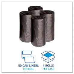 Boardwalk 10 Gallon 0.35 mil 24 in. x 23 in. Perforated Roll Low-Density Waste Can Liners - Black (50 Bags/Roll, 10 Rolls/Carton)