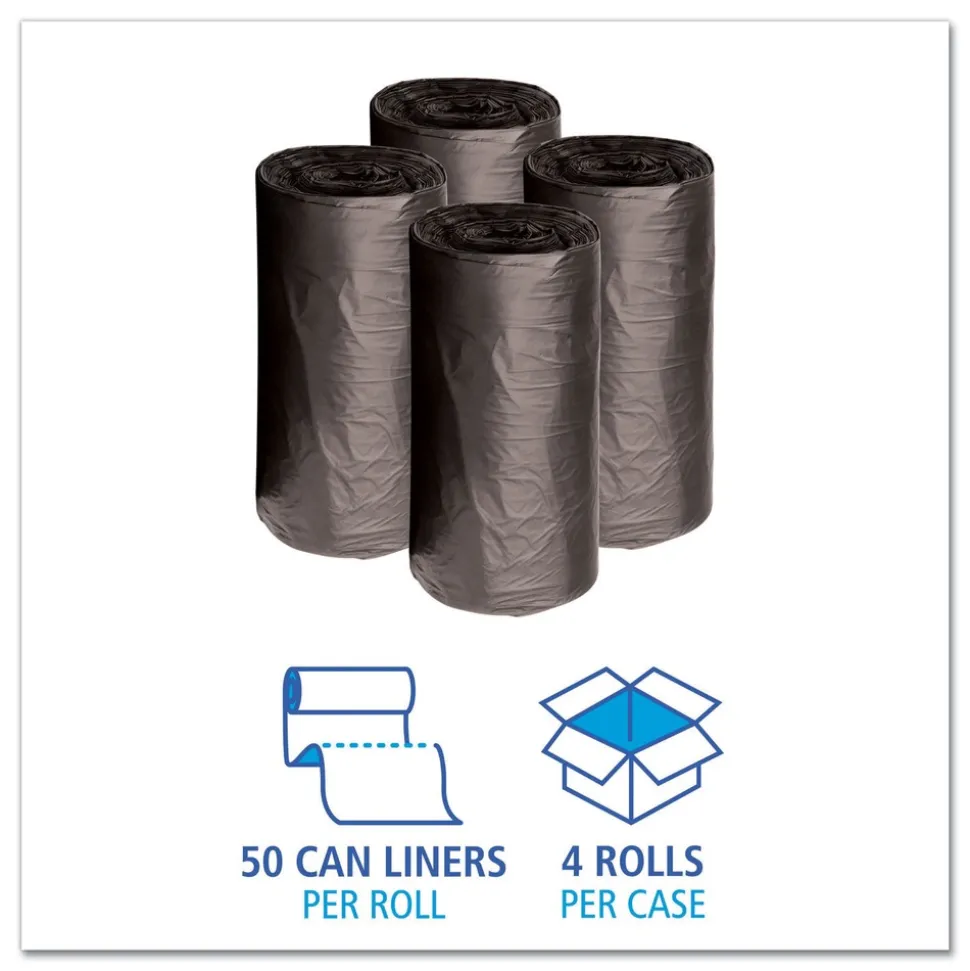 Boardwalk 10 Gallon 0.35 mil 24 in. x 23 in. Perforated Roll Low-Density Waste Can Liners - Black (50 Bags/Roll, 10 Rolls/Carton)