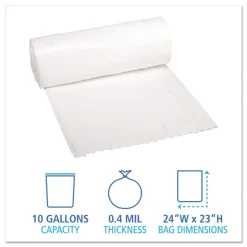 Boardwalk 10 Gallon 0.4 mil 24 in. x 23 in. Perforated Roll Low-Density Waste Can Liners - White (25 Bags/Roll, 20 Rolls/Carton)