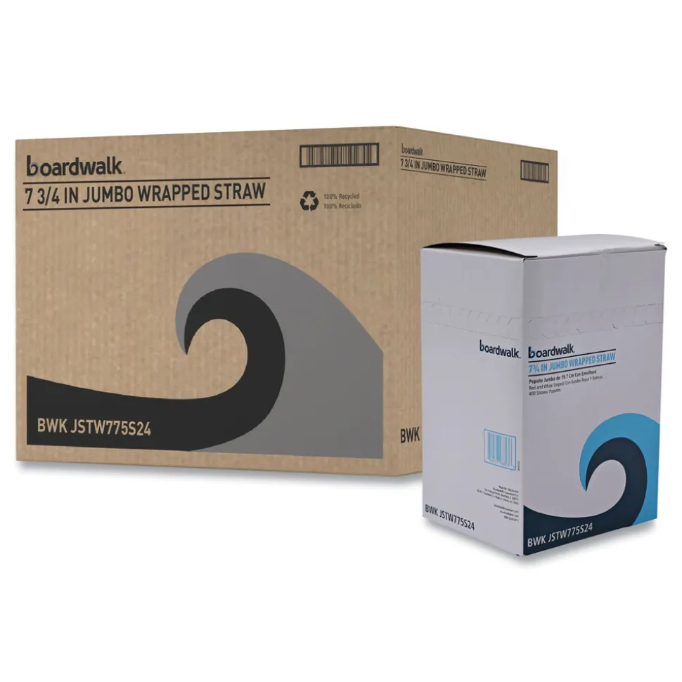 Boardwalk 7.75 in. Wrapped Jumbo Plastic Straws - White/Red Stripe (400/Pack, 25 Packs/Carton)