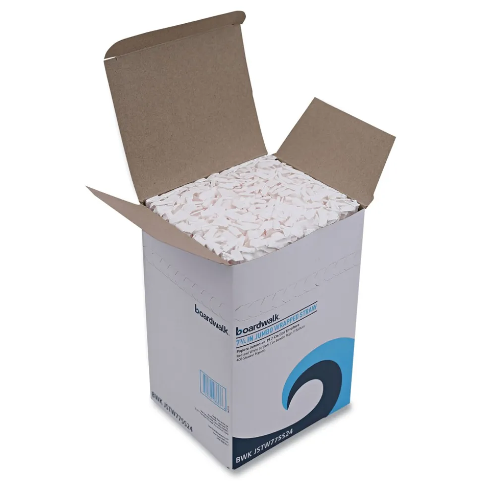 Boardwalk 7.75 in. Wrapped Jumbo Plastic Straws - White/Red Stripe (400/Pack, 25 Packs/Carton)