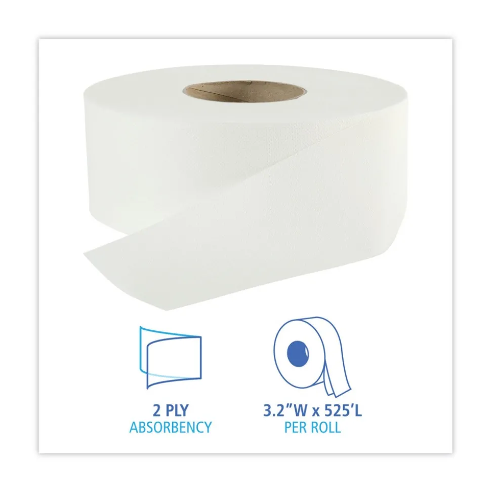 Boardwalk 3.2 in. x 525 ft. 2 Ply Septic Safe Jumbo Roll Bathroom Tissue - White (12/Carton)