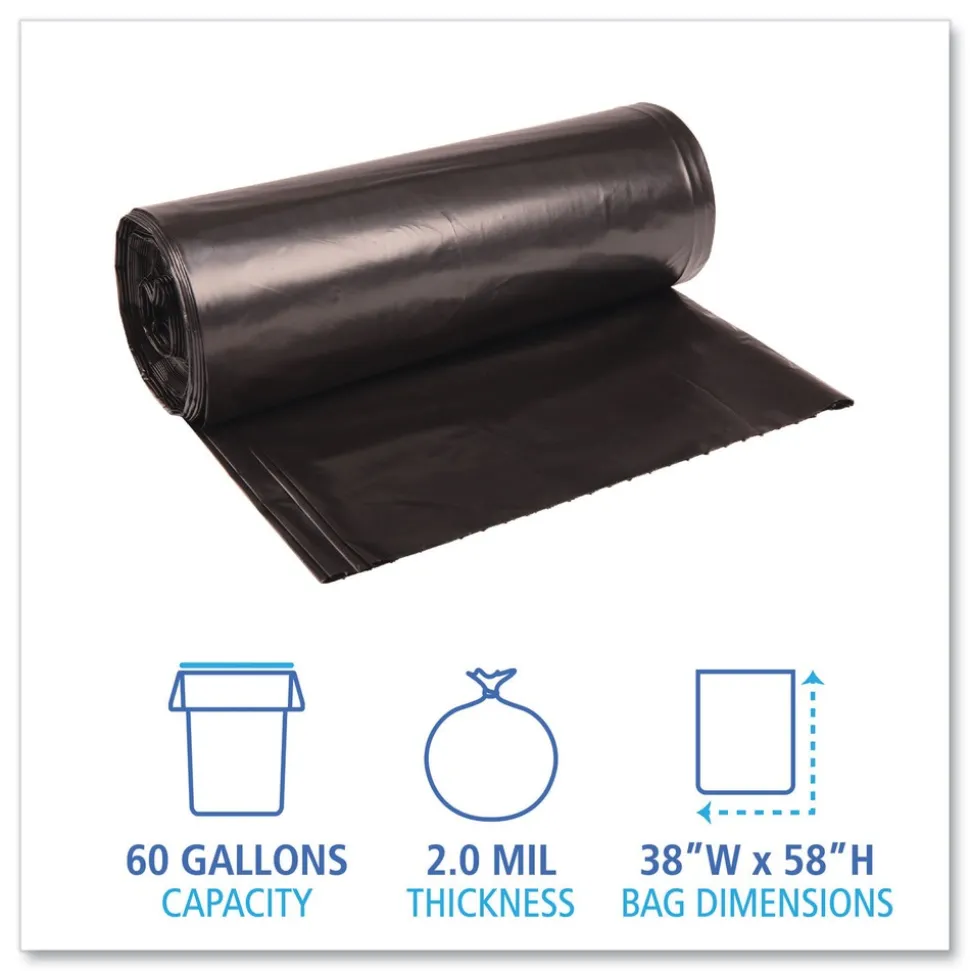 Boardwalk 38 in. x 58 in. 60 gal. 2 mil Recycled Low-Density Polyethylene Can Liners - Black (100/Carton)