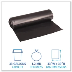Boardwalk 33 in. x 39 in. 33 gal. 1.2 mil Recycled Low-Density Polyethylene Can Liners - Black (100/Carton)