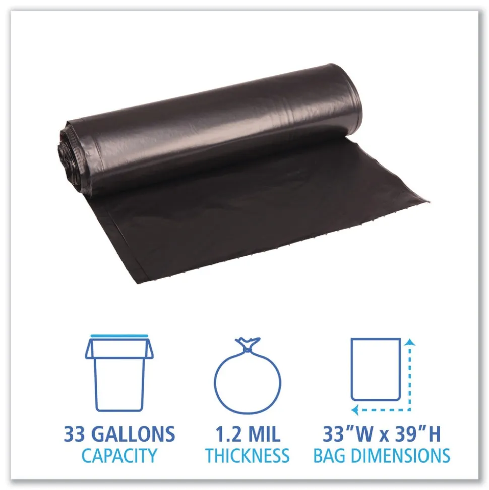 Boardwalk 33 in. x 39 in. 33 gal. 1.2 mil Recycled Low-Density Polyethylene Can Liners - Black (100/Carton)
