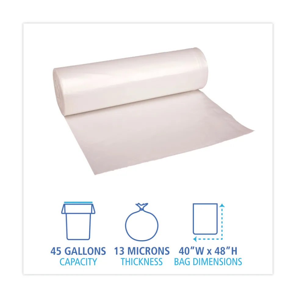 Boardwalk 40 in. x 48 in. 45 Gallon 13 mic High Density Industrial Coreless Roll Can Liners - Natural (250/Carton)