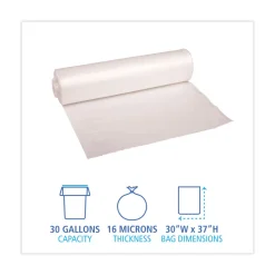 Boardwalk 30 in. x 37 in. 30 Gallon 16 mic High Density Industrial Coreless Roll Can Liners - Natural (500/Carton)