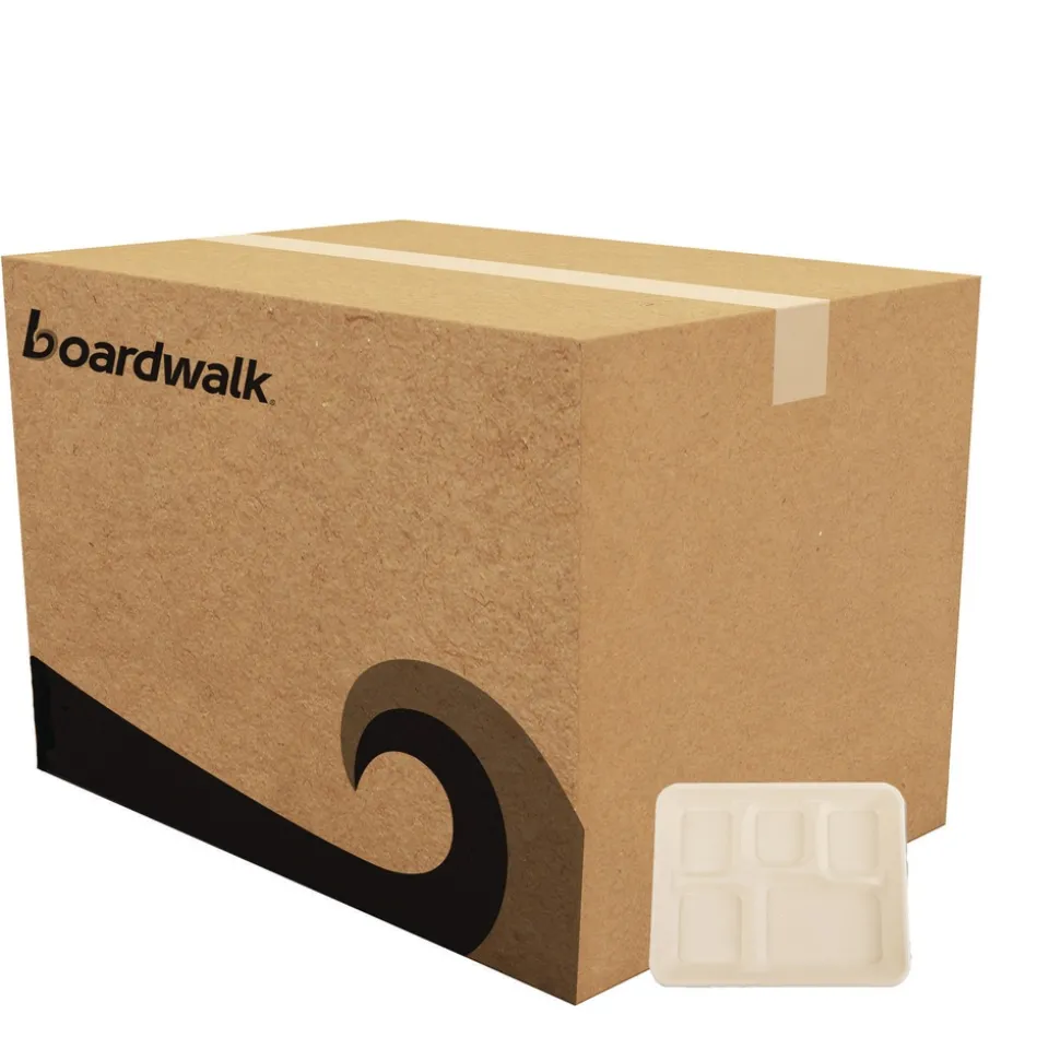 Boardwalk 8.26 in. x 0.98 in. x 10.9 in. 5-Compartment Bamboo/Sugarcane Bagasse PFAS-Free Food Tray - Tan (500/Carton)