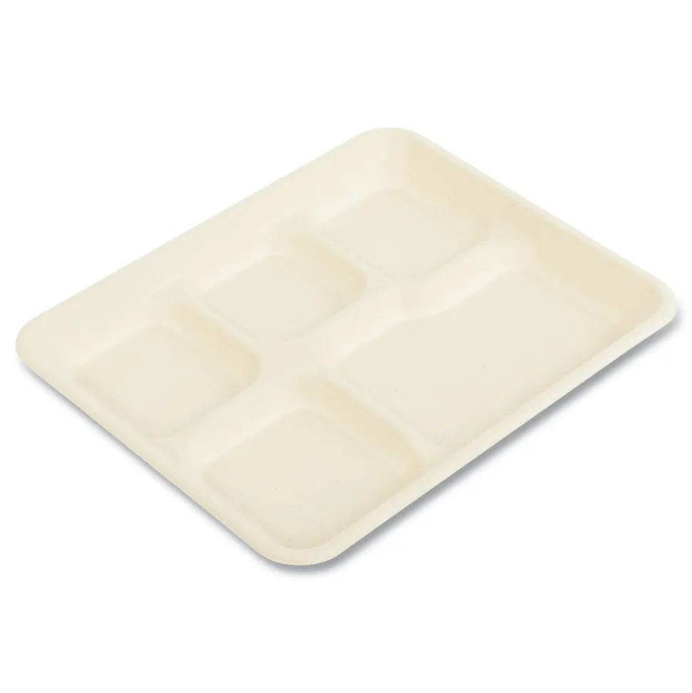 Boardwalk 8.26 in. x 0.98 in. x 10.9 in. 5-Compartment Bamboo/Sugarcane Bagasse PFAS-Free Food Tray - Tan (500/Carton)