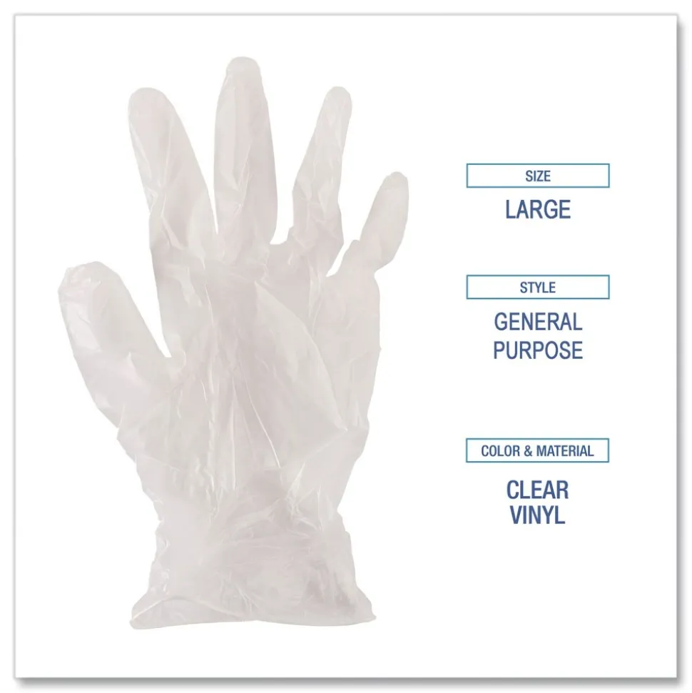 Boardwalk 2.6 mil 9.5 in. Long Powder-Free General Purpose Vinyl Gloves - Large, Clear (100/Box, 10 Boxes/Carton)