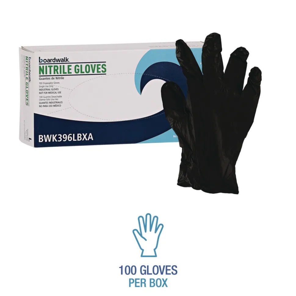 Boardwalk 4.4 mil Disposable General-Purpose Powder-Free Nitrile Gloves - Large, Black (100/Box)
