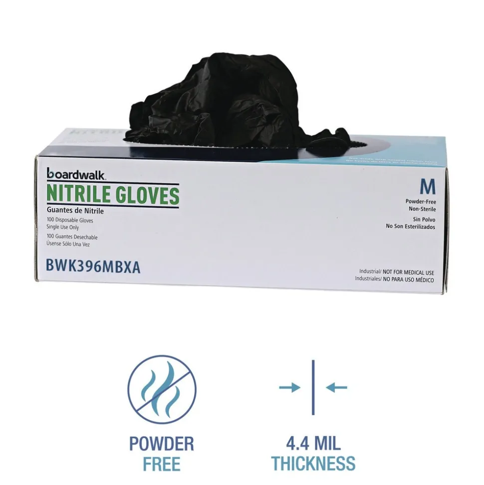Boardwalk 4.4 mil General Purpose Powder-Free Disposable Nitrile Gloves - Medium, Black (100/Box)