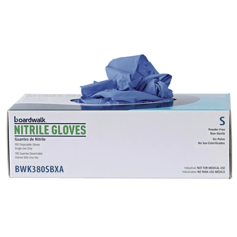 Boardwalk 380 Series 4 mil Thick 9.5 in. Long Powder-Free Disposable General-Purpose Nitrile Gloves - Small, Blue (100/Box, 10 Boxes/Carton)