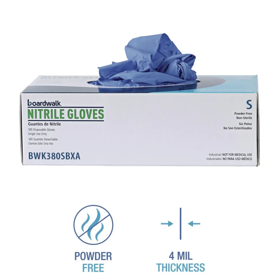Boardwalk 380 Series 4 mil Thick 9.5 in. Long Powder-Free Disposable General-Purpose Nitrile Gloves - Small, Blue (100/Box, 10 Boxes/Carton)